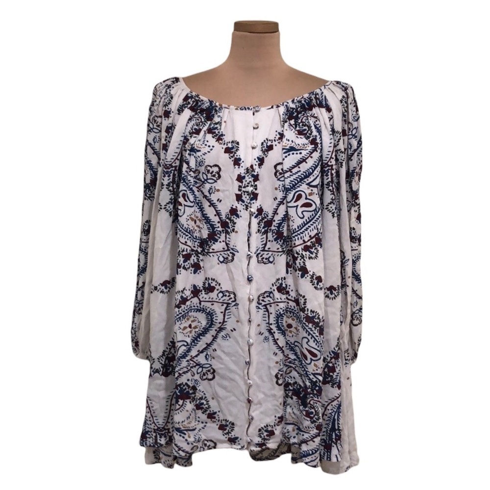 Free People Mini Dress Size Large Ivory Paisley Print Puff Sleeve